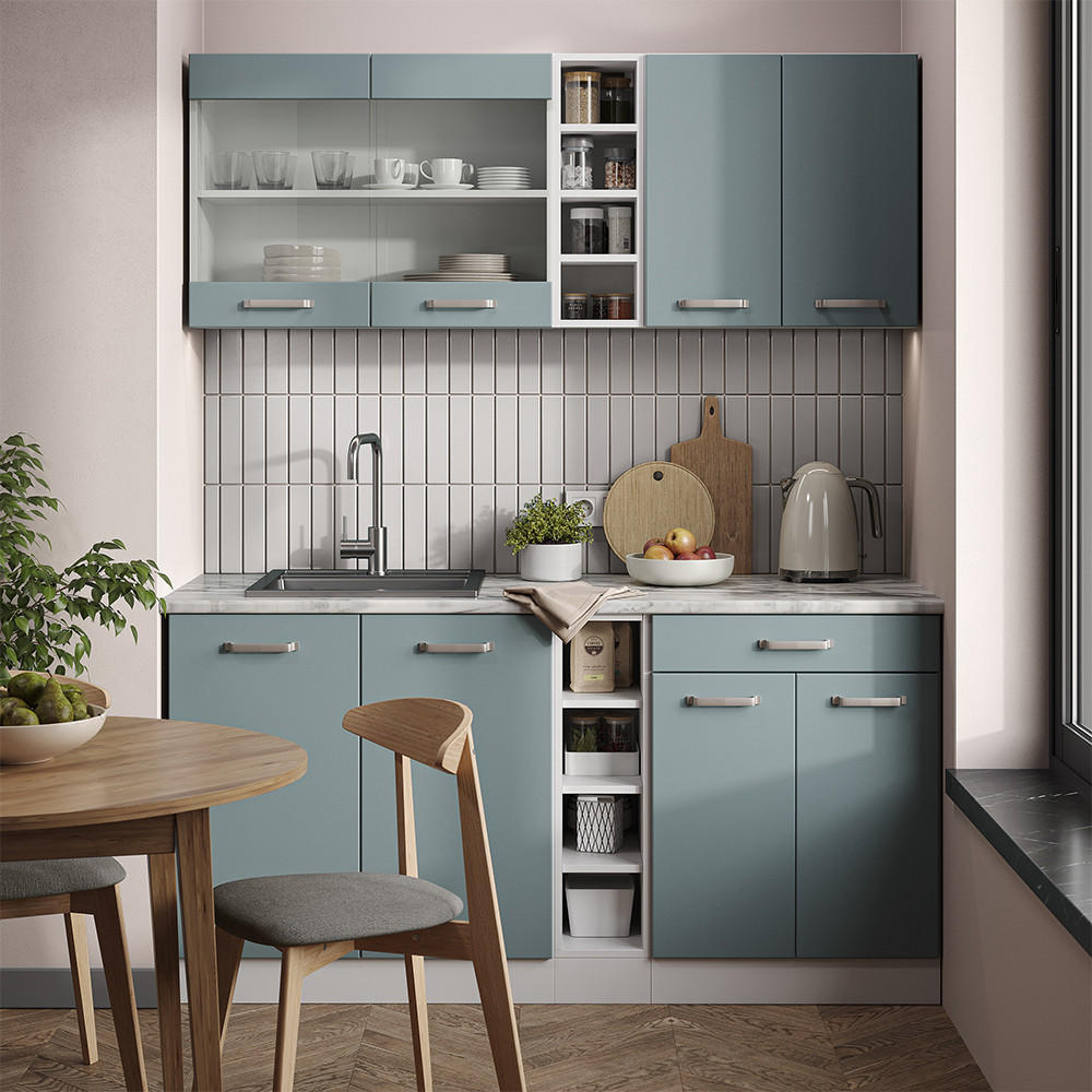 SINGLEKÜCHE KÜCHE R-Line Blau-Grau/Weiß 160 cm ohne AP - Blaugrau/Weiß, Holzwerkstoff (160/81.6/46cm) - Vicco