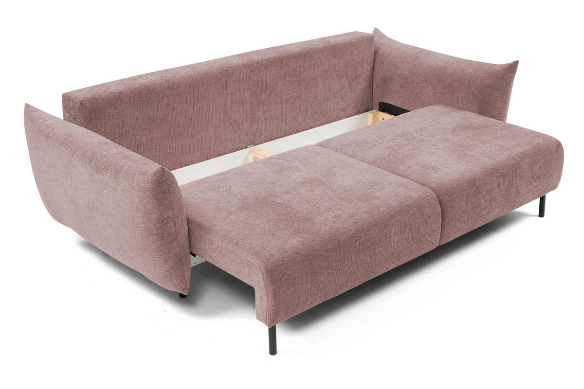 SOFA ADEL - Schlaffunktion Und Bettkasten, Wellenfederung, PUR-Schaum, Schwarze Metallfüße lose Rückenkissen, freistehend, 240x108x75 cm Pink - Pink, Holz/Textil (240/75/108cm) - DomoHome