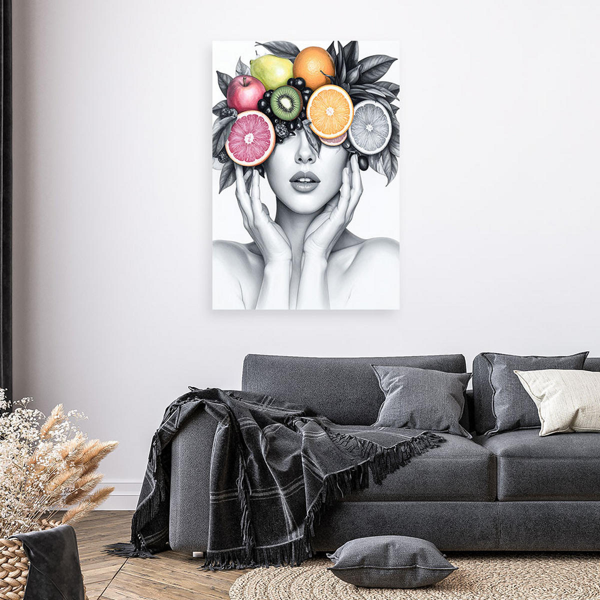 LEINWANDBILD Frau mit Früchten auf dem Kopf 70x100cm - Grau, Textil (70/100cm) - Feeby