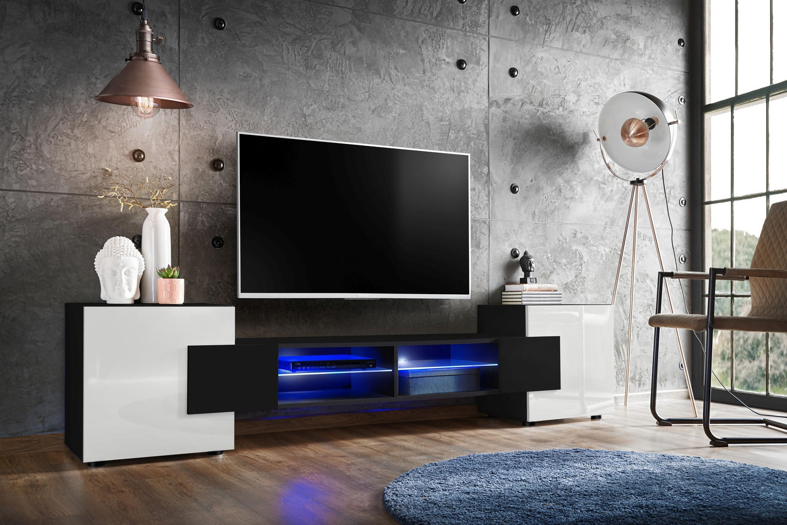 LOWBOARD MERANO Schwarz, Blau LED Beleuchtung - Schwarz/Weiß, Glas/Holzwerkstoff (230/52.5/35cm) - Komodee