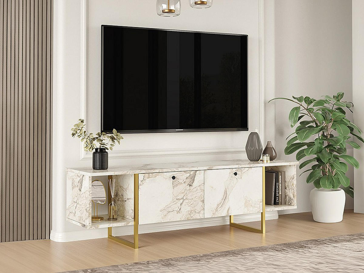TV-MÖBEL mit 2 Türen & 2 Regalen - Marmor-Optik Weiß & Goldfarben - DERANA - Weiß, Holz (160/47.6/40cm) - Vente-Unique