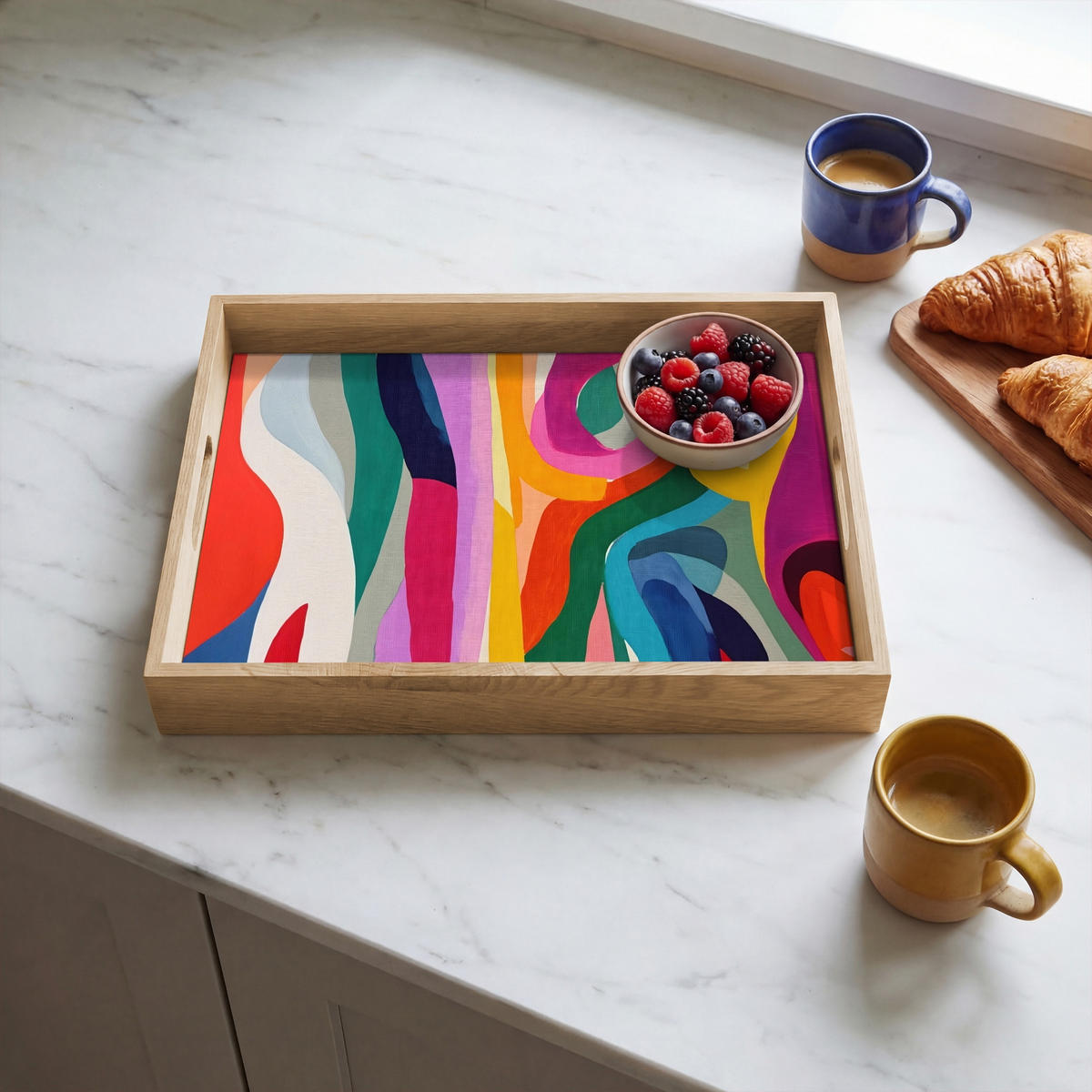 SERVÍROVACÍ PODNOS Abstraktní - barevné - vlny - linie 40x30 cm - různobarevná, dřevo (40/5/5cm) - OnlyWow