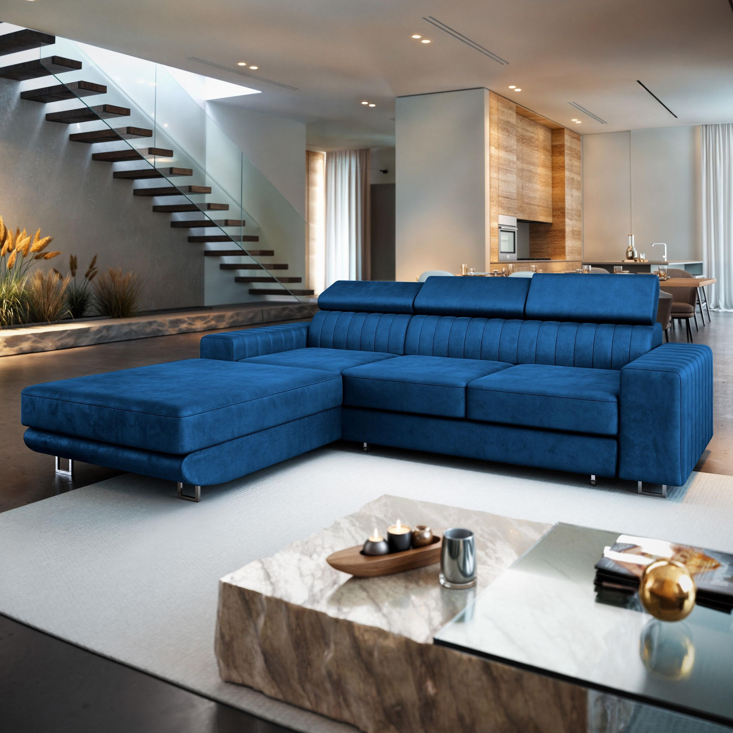 ECKSOFA NOTO L-S Blau Velours-Stoff mit Schlaffunktion - Blau, Holz (267/190cm) - MASSENO