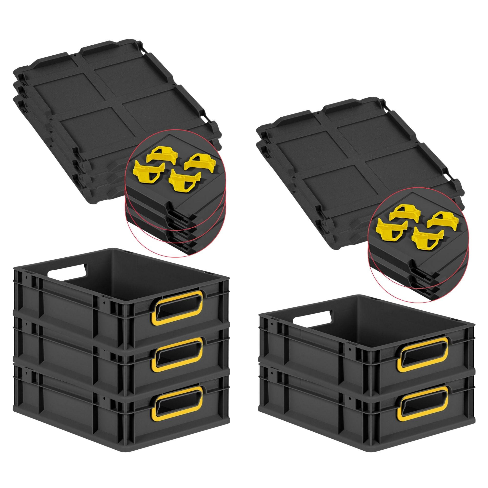 EUROBOX 5x NextGen Color mit Auflagedeckel 12x30x40 cm 11 Liter Schwarz Griffe gelb offen - Gelb/Schwarz, Kunststoff (30/12/40cm) - PROREGAL
