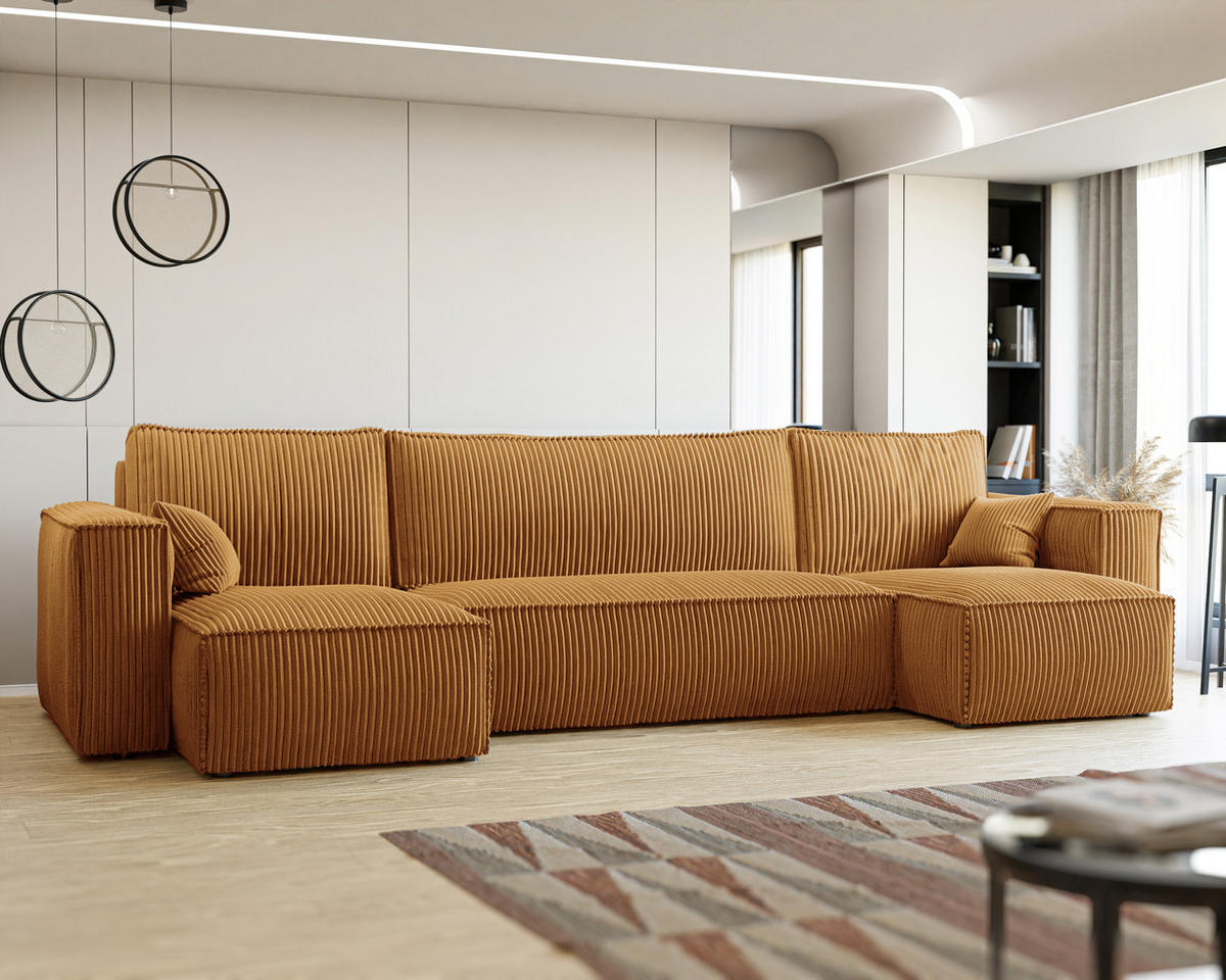 ECKSOFA mit Schlaffunktion und Bettkasten, Senfgelb - Gelb, Holzwerkstoff/Textil (312/145cm) - Idohome
