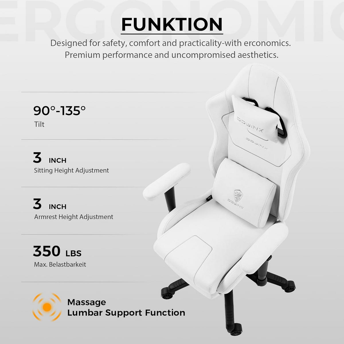 GAMING Stuhl Stoff & Taschenfederkissen PC Bürostuhl & Fußstützen - Weiß, Textil (70/130/60cm)