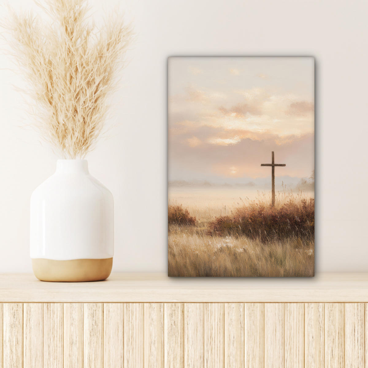 LEINWANDBILD Gras - Morgennebel - Kreuz - Christentum Deko Wohnzimmer 20x30 cm - Beige, Textil (20/30cm) - MuchoWow
