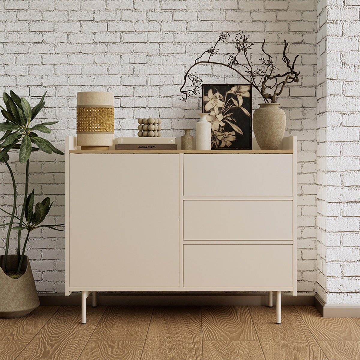KOMMODE Velina Creme 100 x 82 cm mit 3 Schubladen und 1 Tür - Eichefarben/Creme, Holzwerkstoff (100/82/40cm) - Vicco