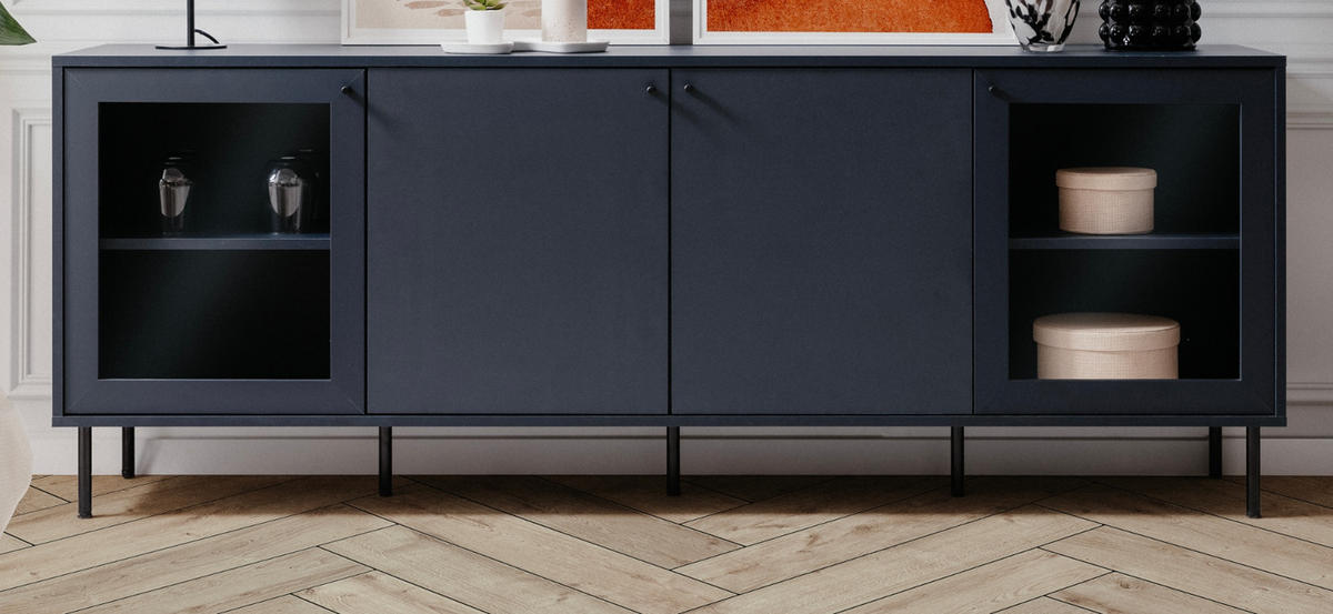 SIDEBOARD blau 180 cm, Kommode 4-türig mit viel Stauraum - Blau/Schwarz, Glas/Holzwerkstoff (180/68/40cm) - Furn.Design