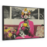 LEINWAND Bilder mit Rahmen - Frau - Katze - Blumen - Tasse - Retro - 150x100 - Magenta, Textil (150/100cm) - MuchoWow