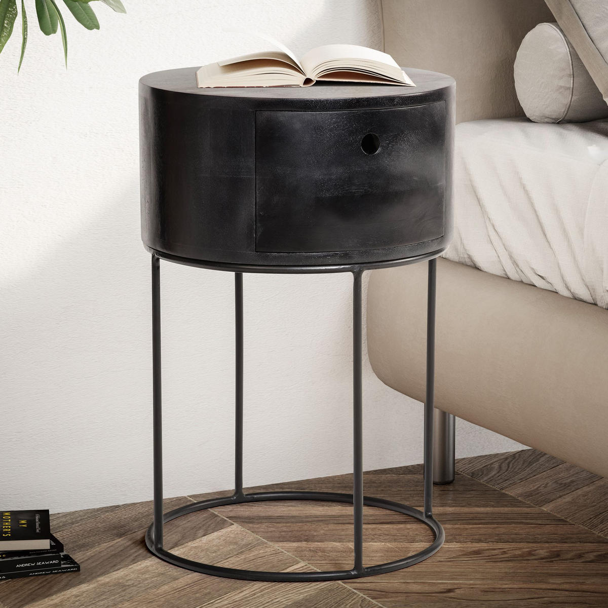NACHTKONSOLE Massivholz mit Schublade rund Modern Schwarz - Schwarz, Holz/Metall (40/60/40cm) - KADIMA DESIGN