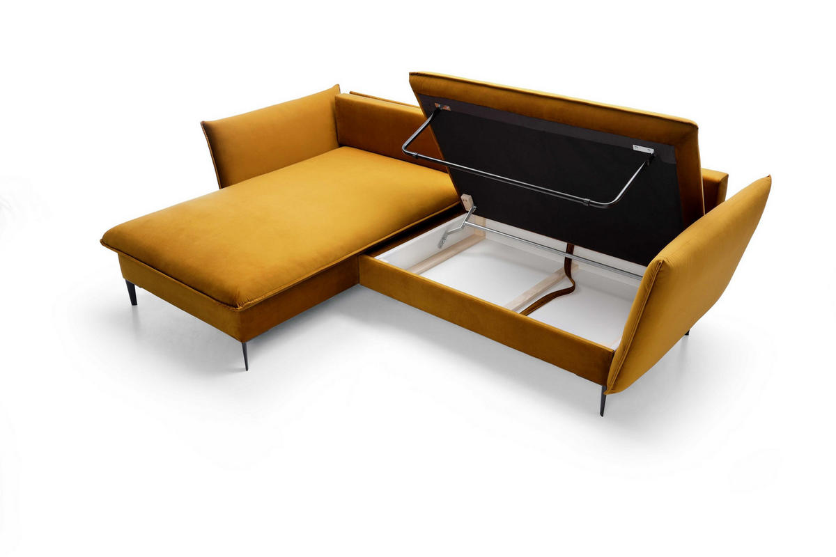 ECKSOFA SOLE Gelb Plüsch-Stoff mit Schlaffunktion - Gelb, Holz (258/167cm) - MASSENO