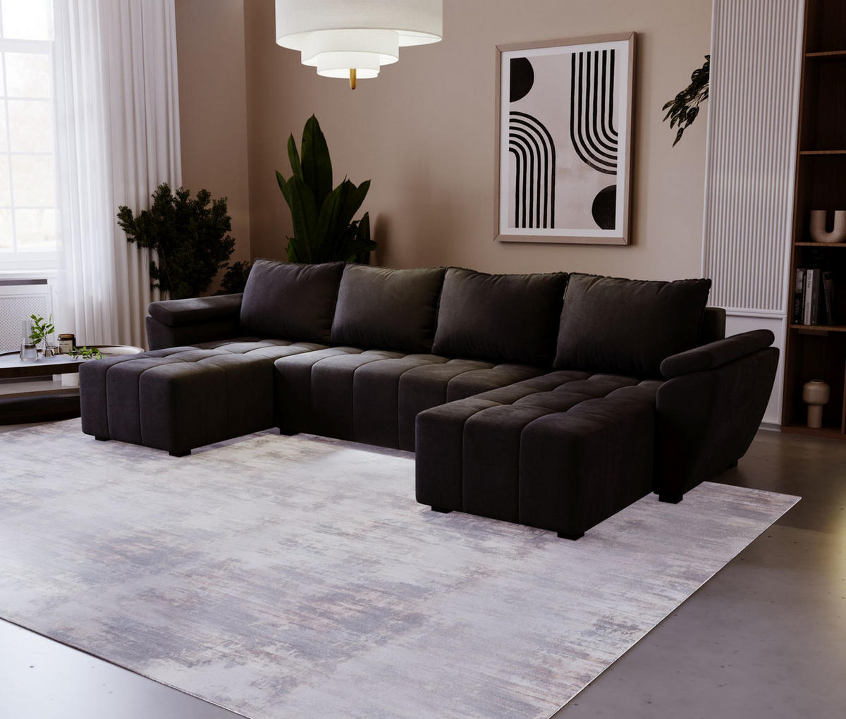 ECKSOFA ZEUS U Monolith 97 mit Schlaffunktion - Schwarz, Textil (305/88/140cm) - Bedante