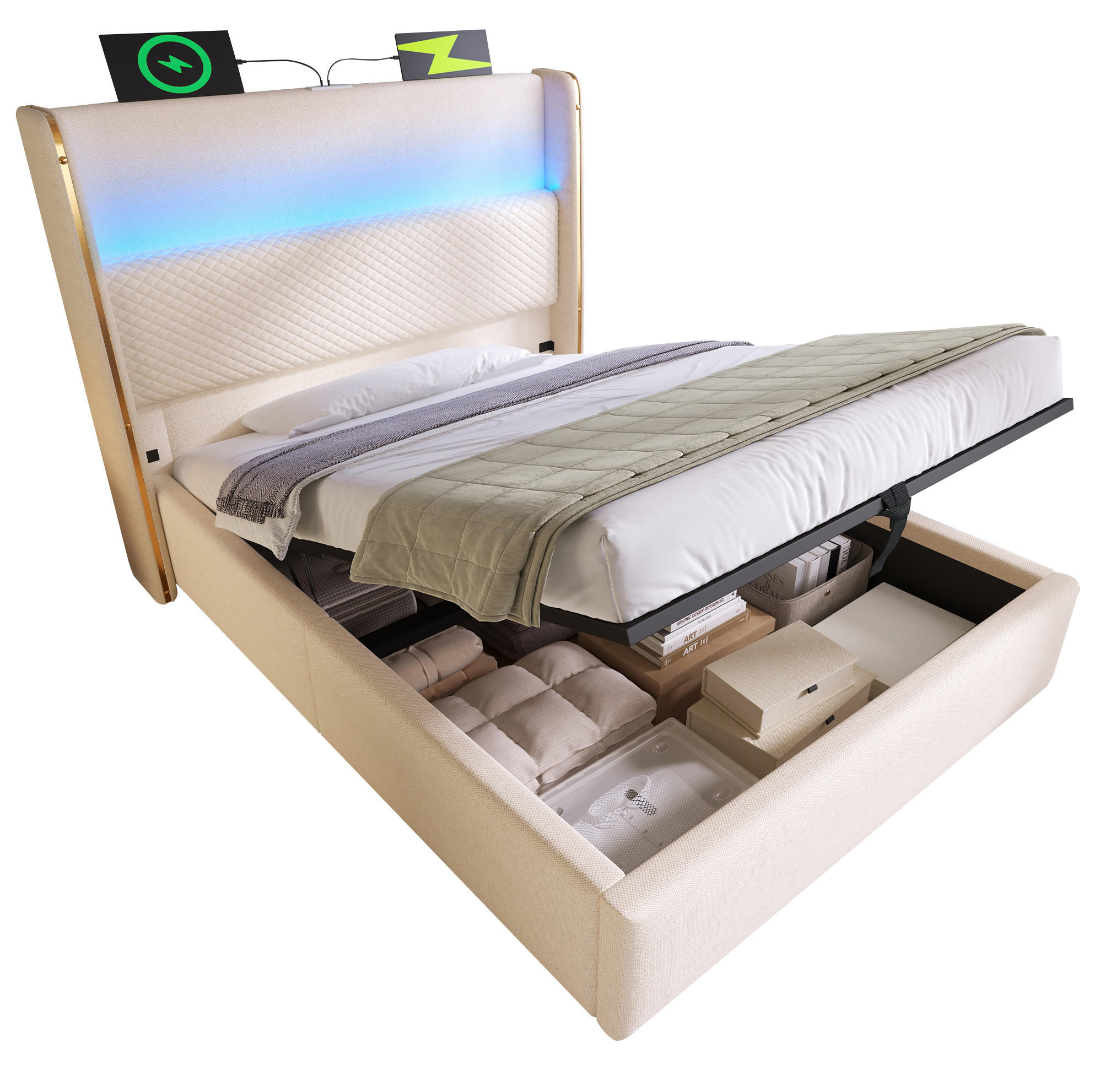 POLSTERBETT 90/200 cm in Beige mit Stauraum, LED-Beleuchtung und Matratze - Beige, Textil (90/200cm) - Flora Grace