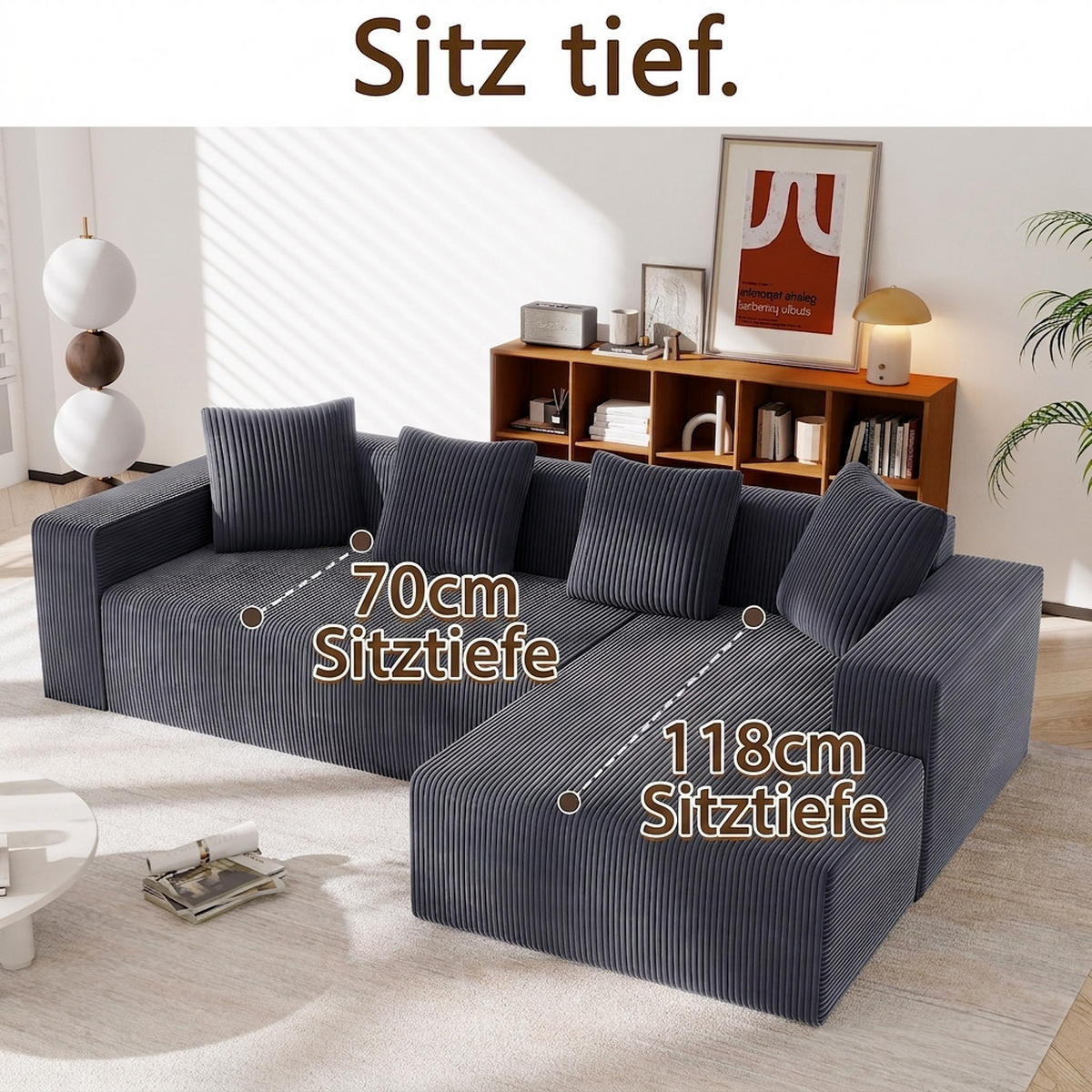 ECKSOFA 261/146/65 cm Grau Cord mit L-Liegestühlen - Grau, Textil (261/146cm) - Oxeza