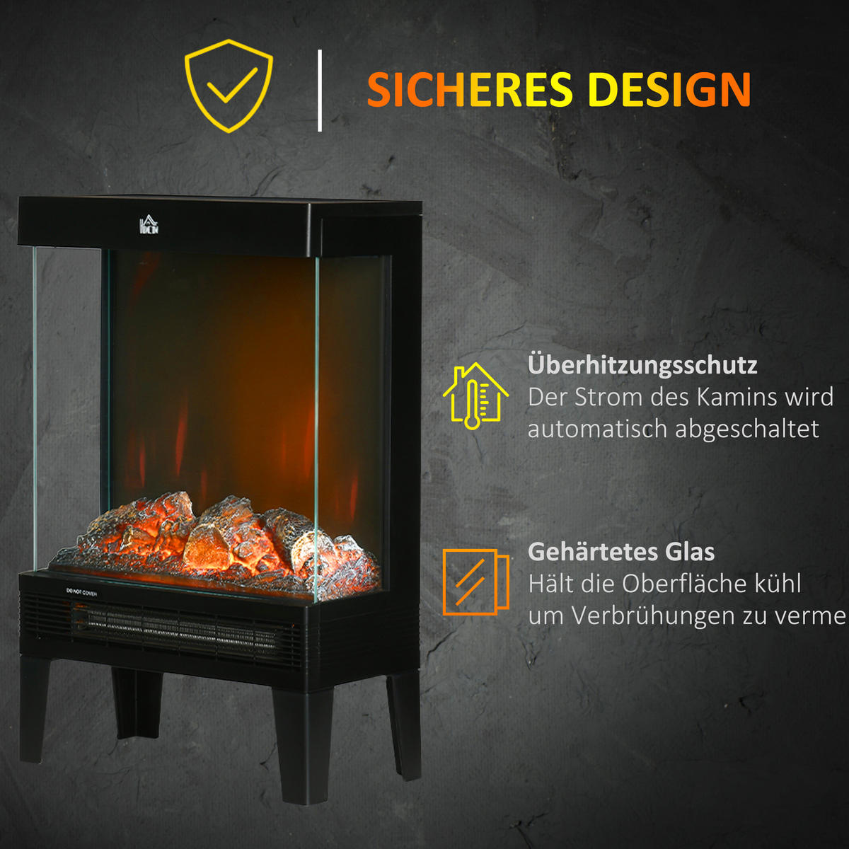 ELEKTROKAMIN 1000 W/2000 W Standkamin LED 3D-Flammeneffekt 4 Helligkeitsstufen - Schwarz, Metall (20/62/40.5cm) - HOMCOM