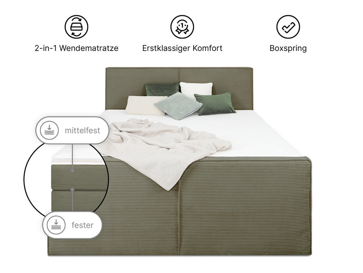 BOXSPRINGBETT Buffalo Olive 160 /200 cm H2/H3 Cord - Olivgrün, Textil (160/200cm) - wonello