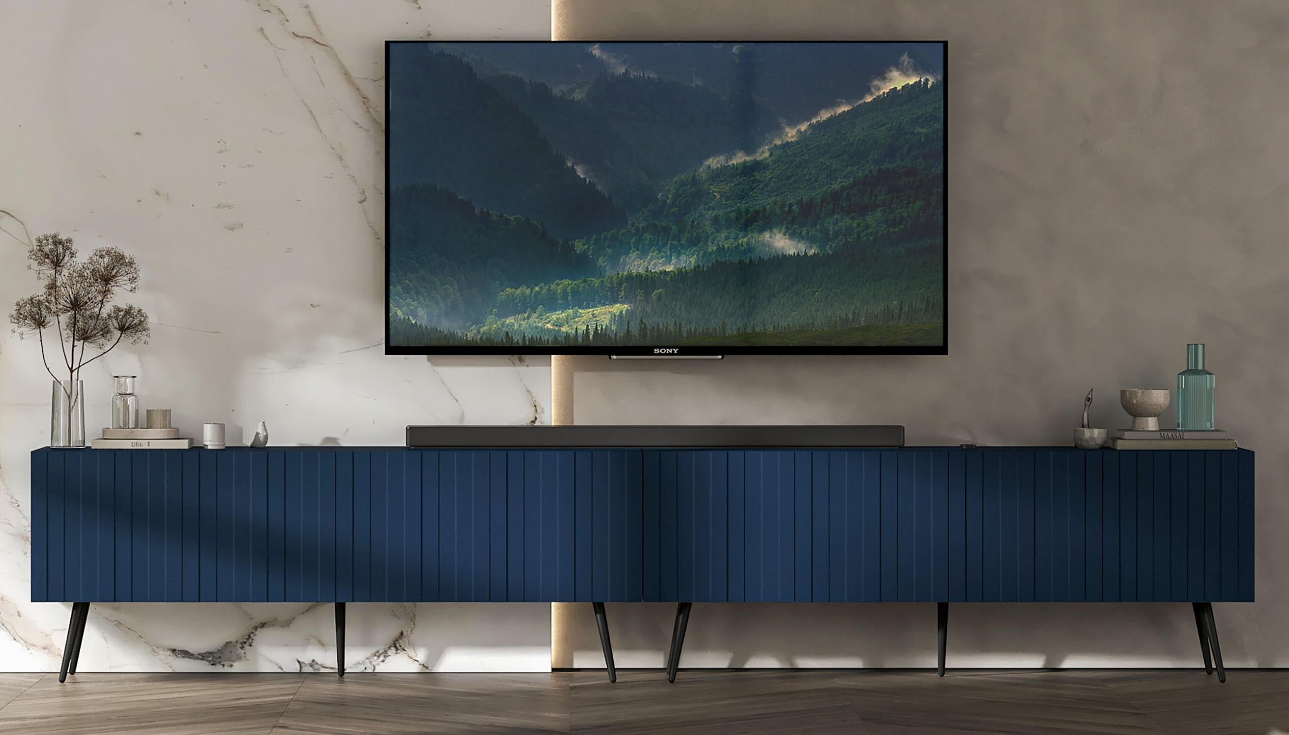 TV-LOWBOARD 2-er Set Elpis Marineblau mit Metallbeinen 150 cm Glamour - Blau/Schwarz, Holzwerkstoff (300/60.5/36.5cm) - Meble Lindner