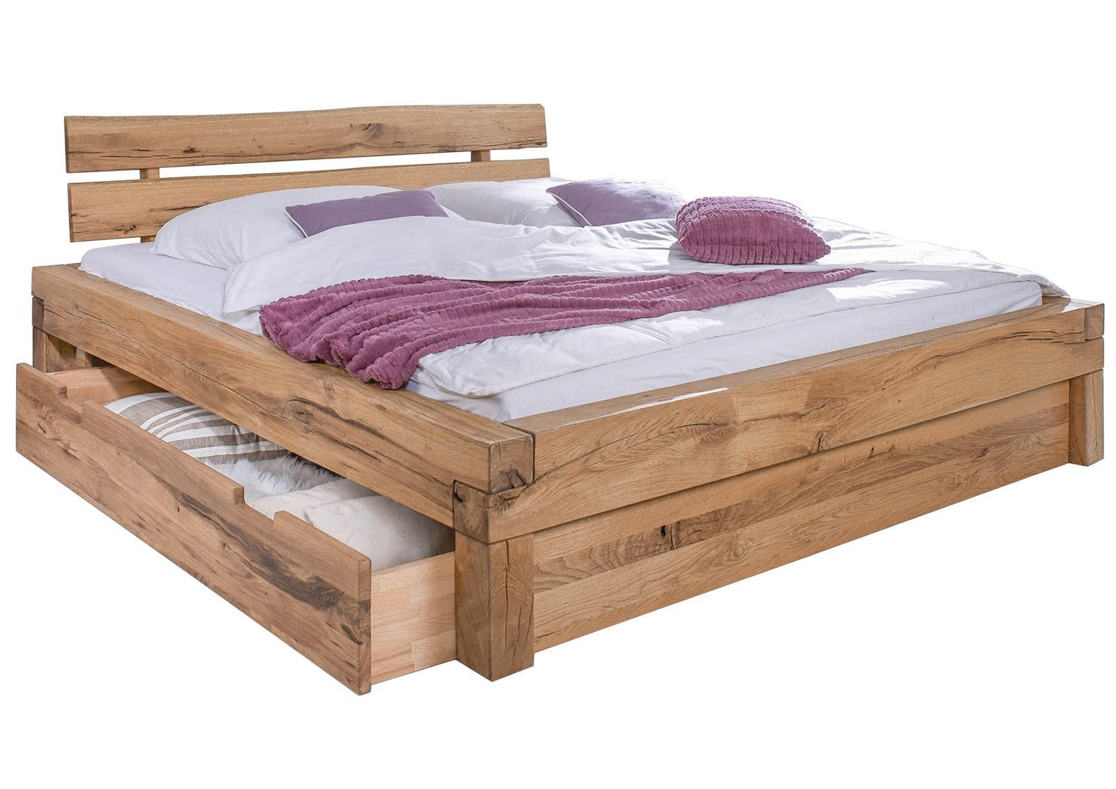 BETT mit Schublade Massivholz Wildeiche 180 x 200 x 85 beige BALKENMÖBEL #101 - Beige, Holz (180/200cm) - Massivmoebel24