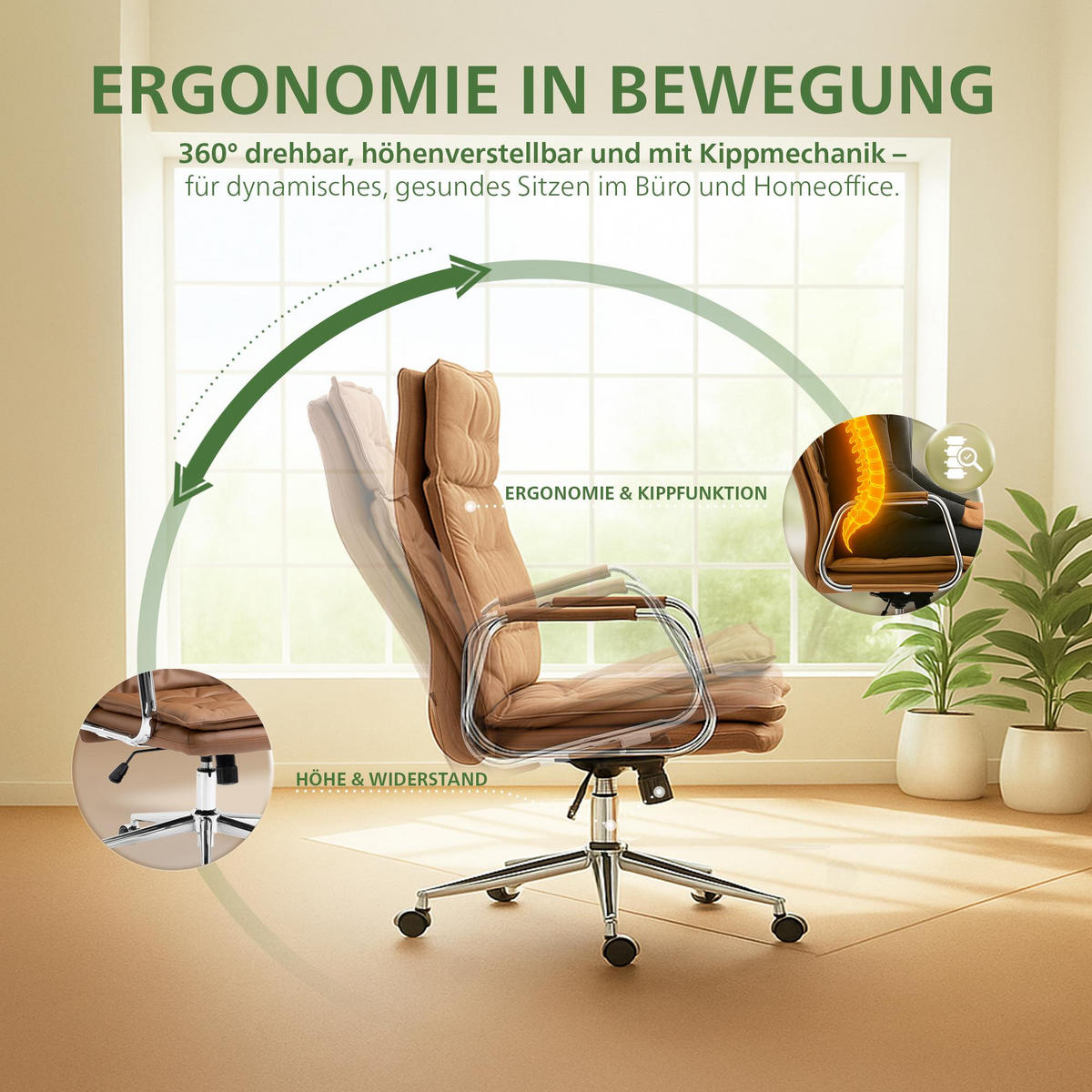 CHEFSESSEL Echtleder Hellbraun - Chromfarben/Hellbraun, Leder/Metall (60/111/65cm) - CLP