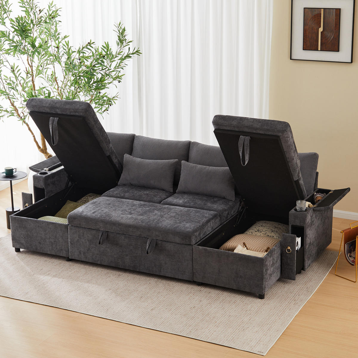 SCHLAFSOFA U-Form mit Getränkehaltern und Stauraum, Grau - Grau, Textil (272/84/131cm)