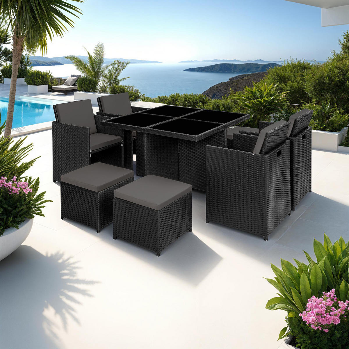 RATTAN SITZGRUPPE Manhattan,2 Bezugssets, zusammenschiebbar, inklusive Schutzhülle,schwarz - Schwarz, Kunststoff - tectake