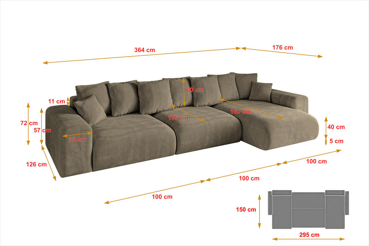 ECKSOFA Ottomane rechts ESKAR-L 364x176x84 Braun Velours - Schwarz/Braun, Holzwerkstoff/Kunststoff (176/364cm) - ALTDECOR