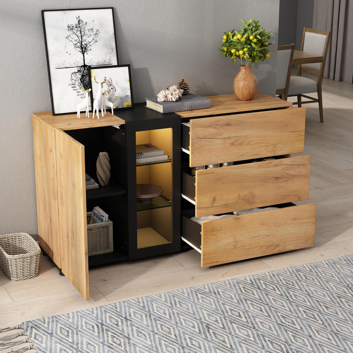 SIDEBOARD Glas 3 Schubladen 140cm Modern Stauraum Anrichte - Multicolor, Holzwerkstoff (40/80/140cm) - FLIEKS