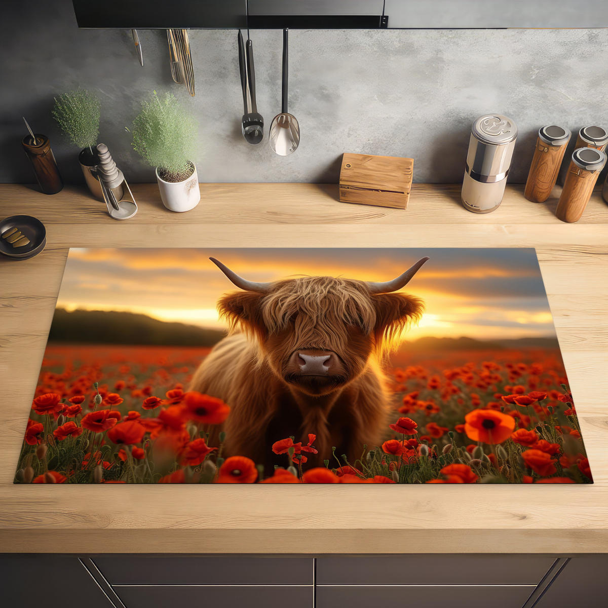 HERDABDECKPLATTE Schottische Highlander - Rosen - Blumenfeld - Sonnenuntergang Ceranfeldabdeckung 90x52 cm - Rotbraun, Kunststoff (90/52/0.2cm) - MuchoWow