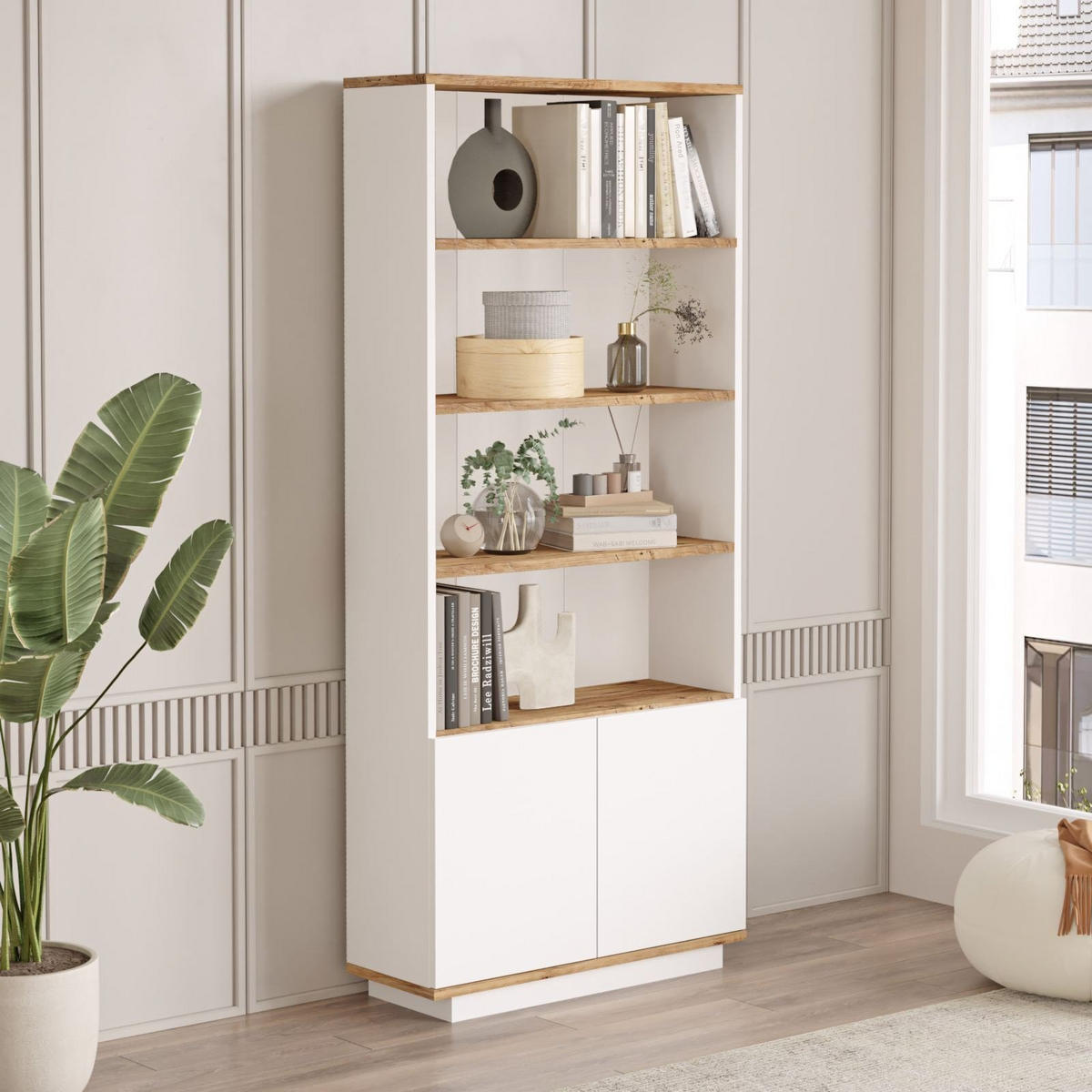 BÜCHERREGAL mit 2 Türen und 4 Ablagen in Atlantik-Kiefer und Weiß 75/26/168 cm - Weiß, Holzwerkstoff (26.8/168.3/75cm) - Calicosy