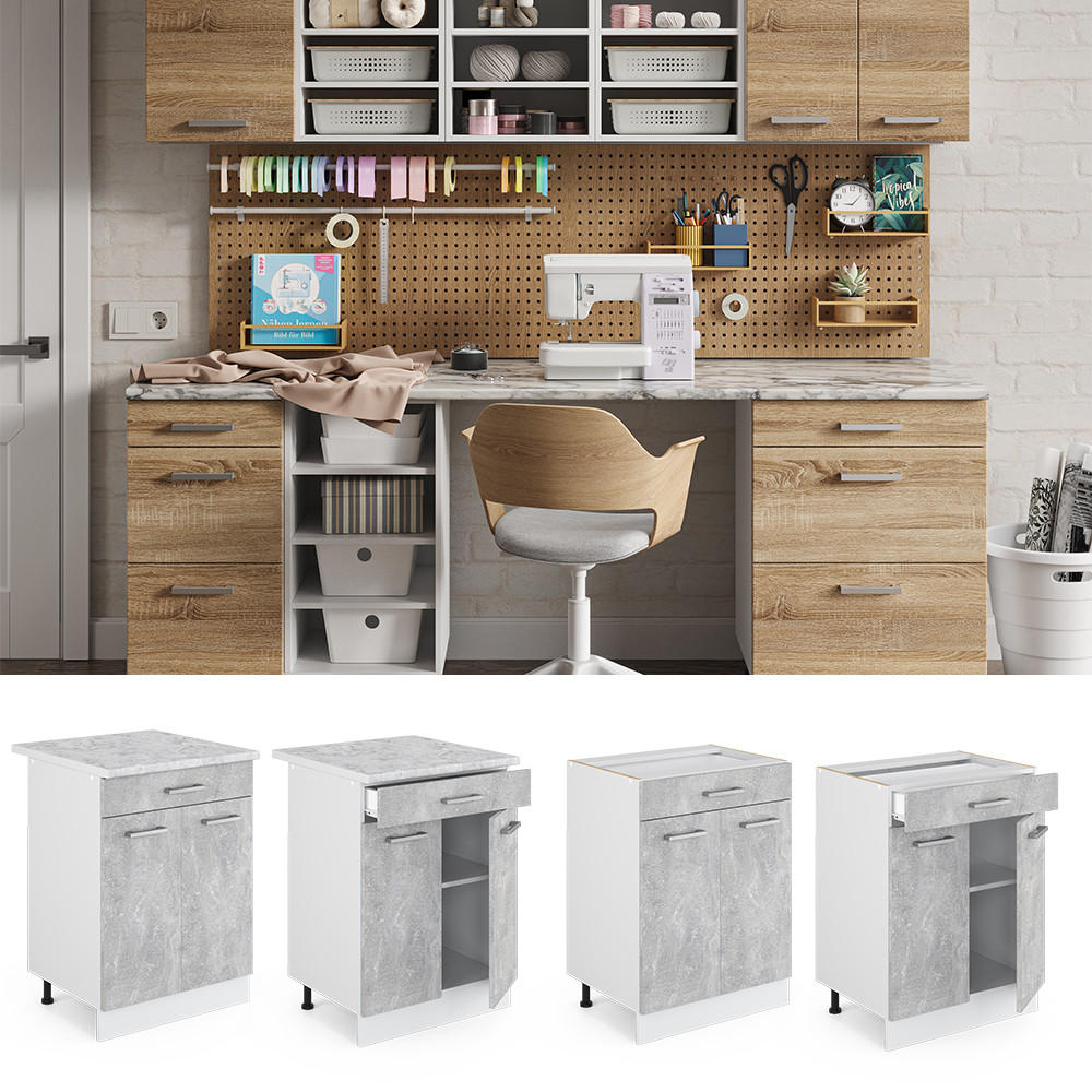 UNTERSCHRANK R-Line Beton 60 cm mit Schubladen, ohne AP - Weiß/Grau, Holzwerkstoff (60/81.6/46cm) - Vicco