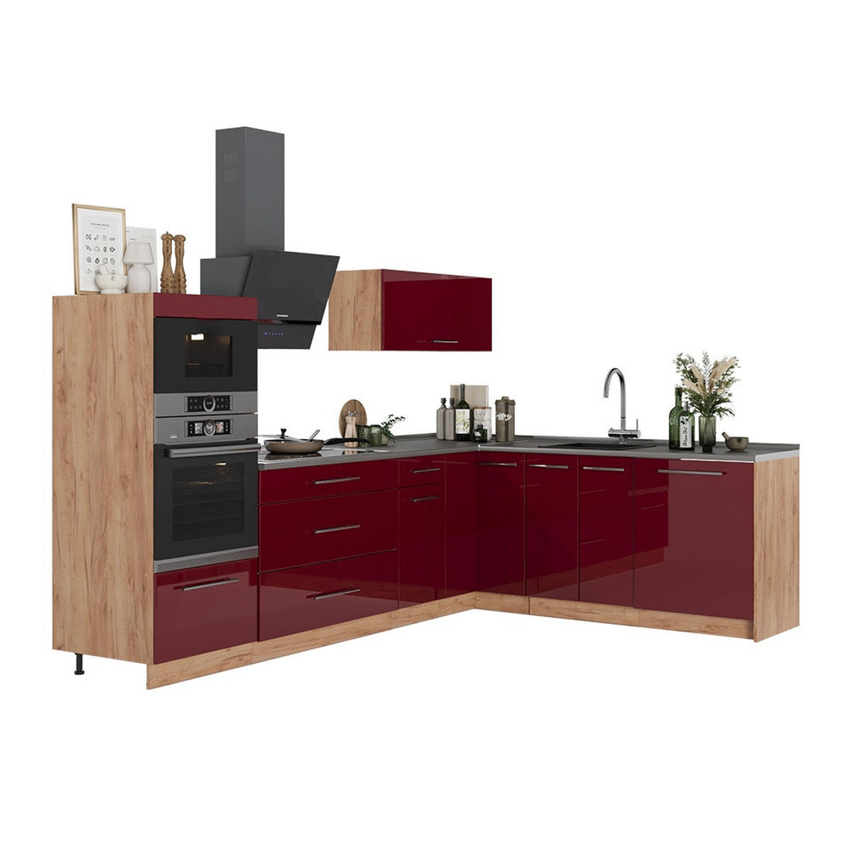 KUHINJA U OBLIKU SLOVA L Fame-Line, Bordo visokog sjaja/Hrast zlatnog tona, 287 x 207 cm, RP Mramor - hrast medunac/bordo, drvni materijal (287/153.6/60cm) - Vicco