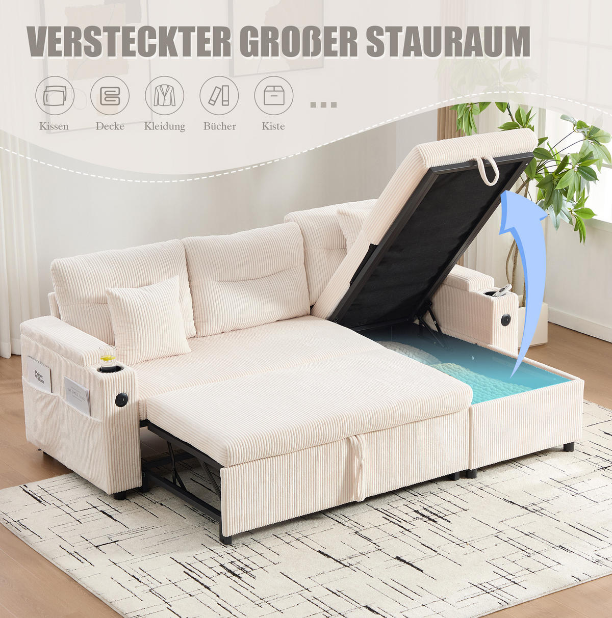 ECKSCHLAFSOFA 3-Sitzer Cord mit Stauraum USB-Anschluss und Becherhalter Beige 212,5/136/86 cm - Beige, Textil (136/212.5cm) - Redom