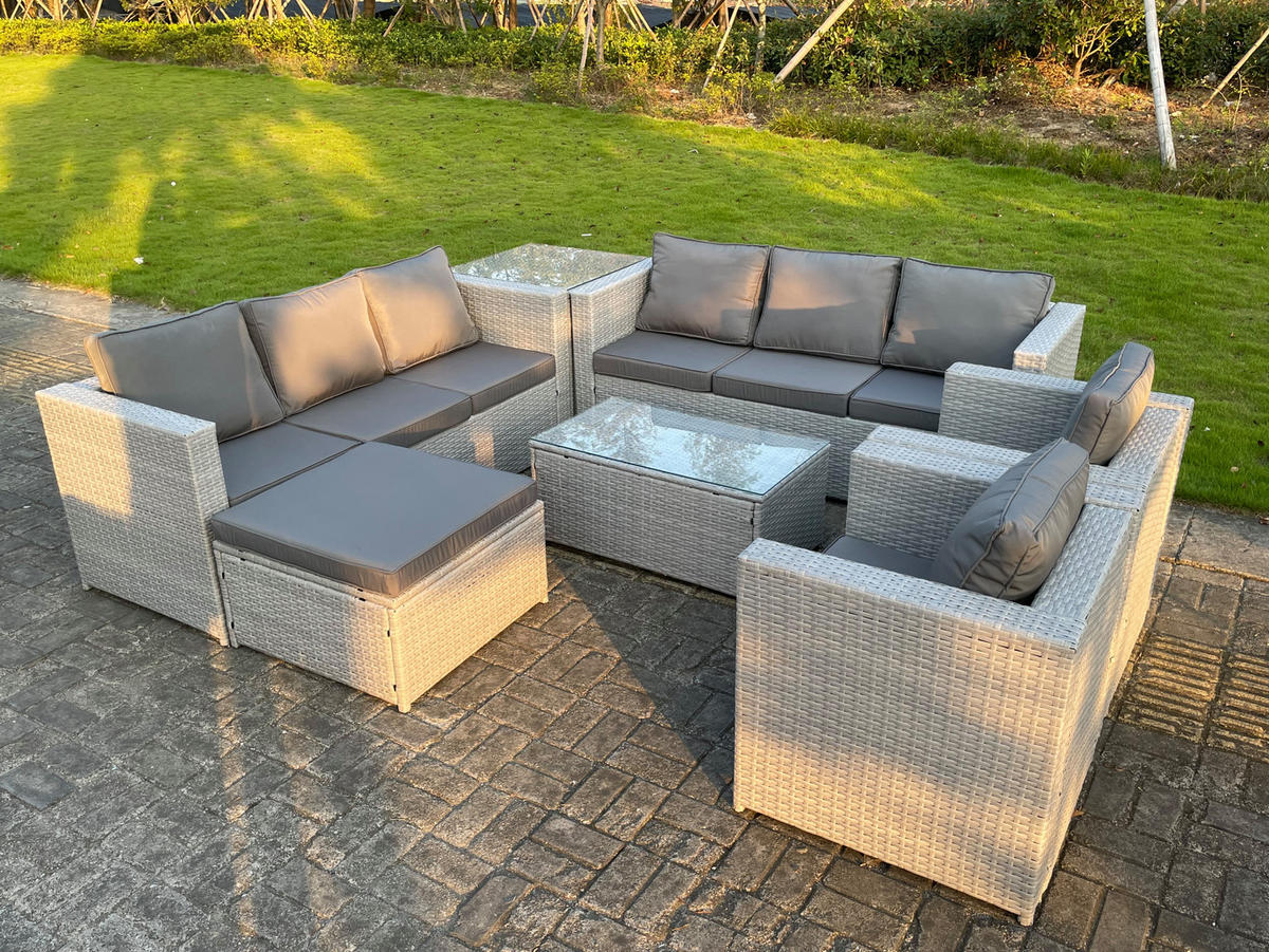 GARTENMÖBEL SET mit Couchtisch Polyrattan Helles Grau 9-Sitzer - Hellgrau, Metall - Fimous