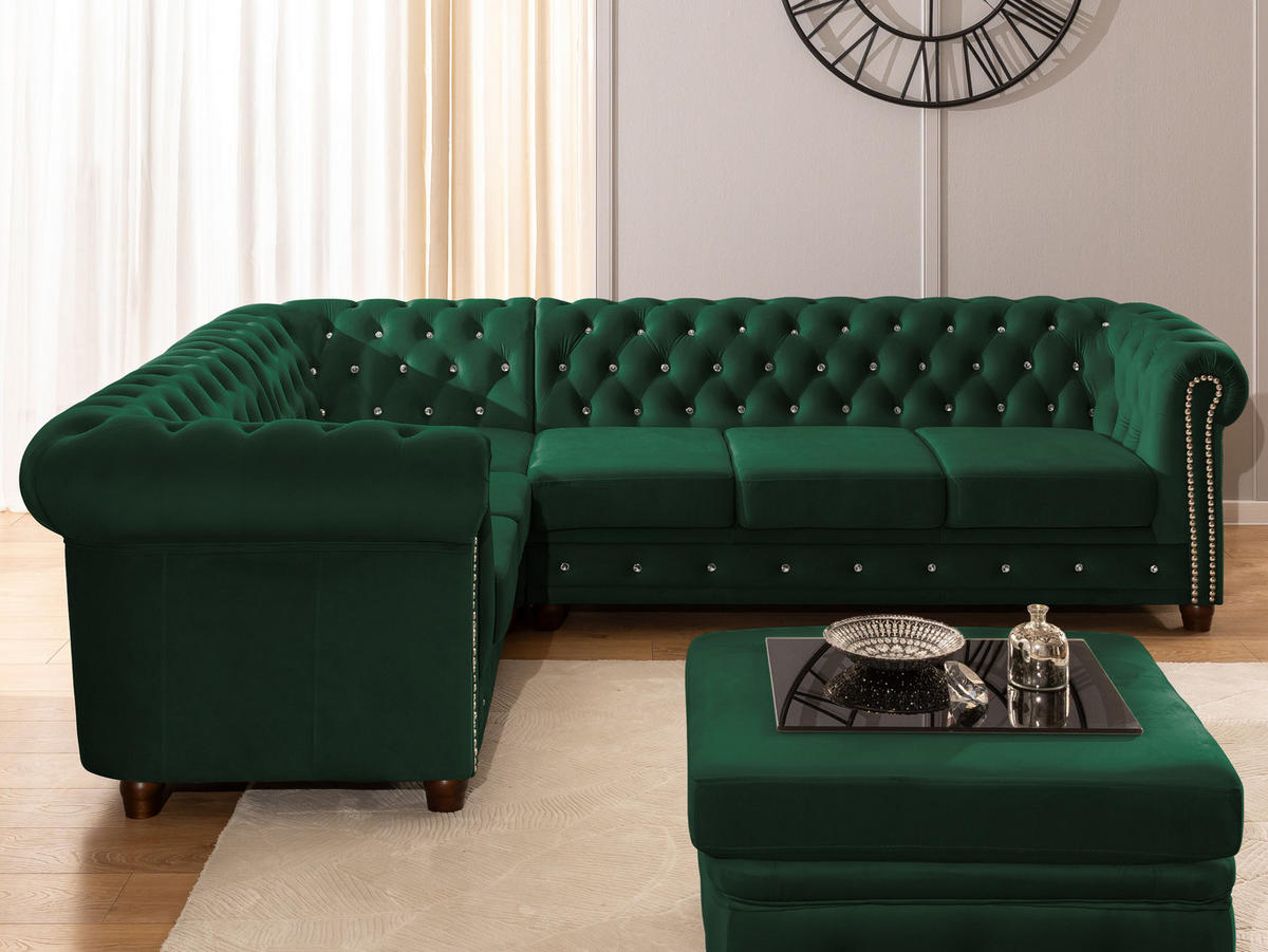 ECKSOFA mit Schlaffunktion Chesterfield Flasche Grün Samt mit Kristallsteppung und braunen Massivholzfüßen - Ottomane Links - Braun/Grün, Holz/Textil (264/210cm) - S-Style Möbel