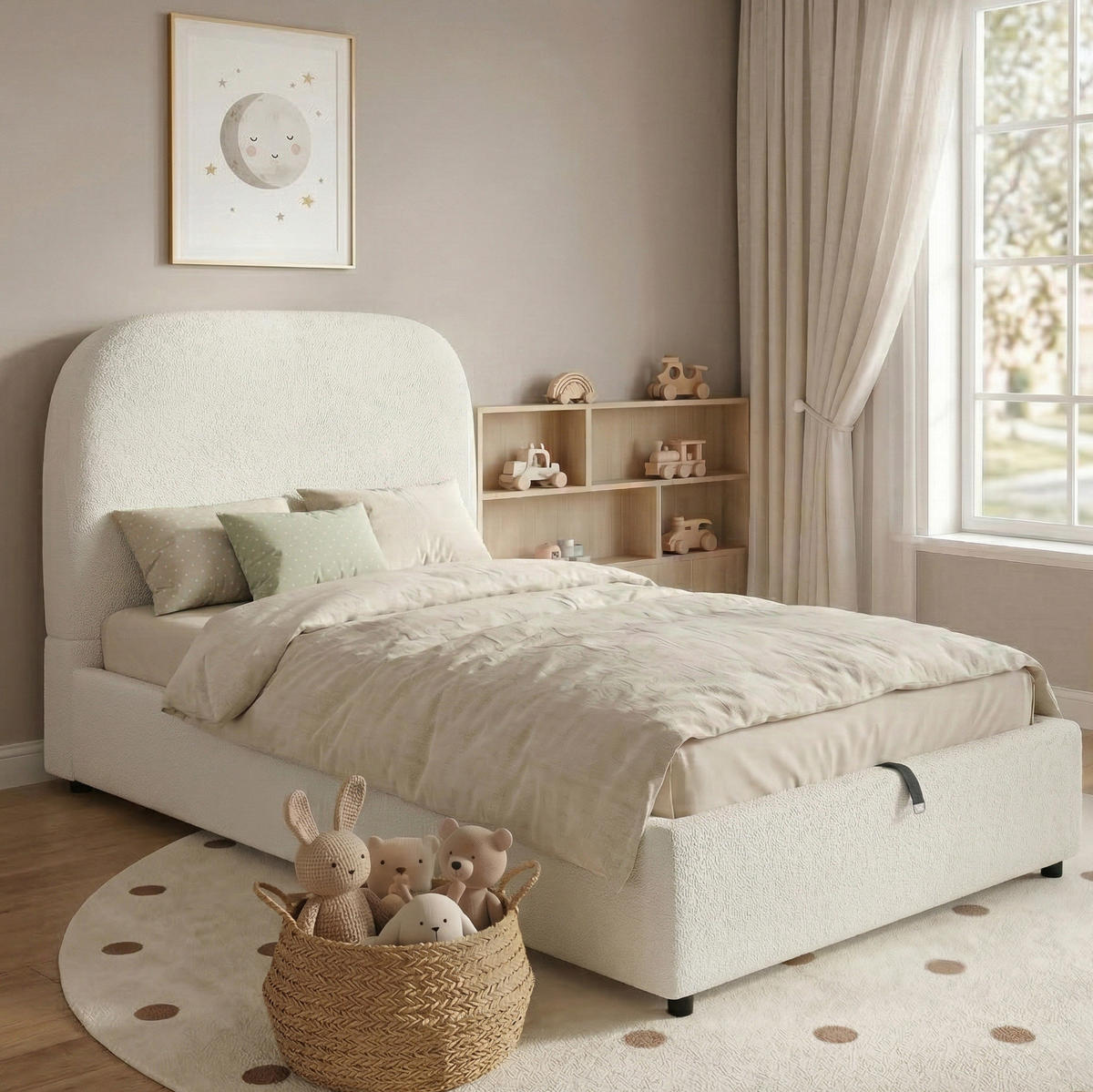POLSTERBETT 90/200 cm Beige aus Bouclé mit Stauraum und Lattenrost - Beige, Holzwerkstoff (90/200cm) - OKWISH