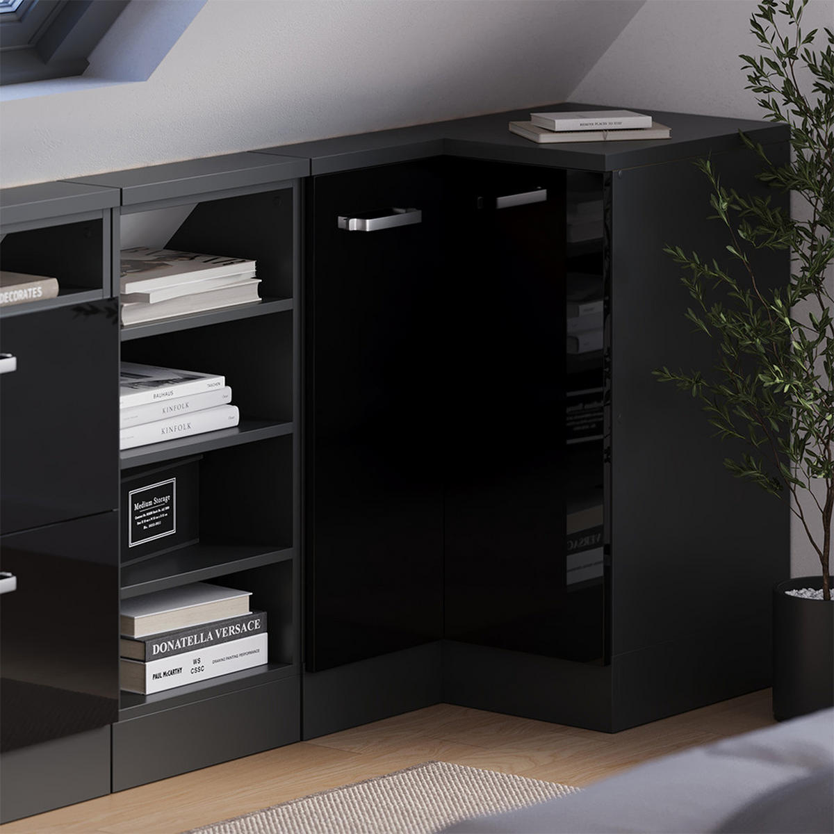 DACHSCHRÄGENSCHRANK ECKSCHRANK Rion Schwarz Hochglanz/Anthrazit 75.6 x 81.6 cm mit 1 Tür - Schwarz Hochglanz/Anthrazit, Holzwerkstoff (75.6/81.6/75.6cm) - Vicco