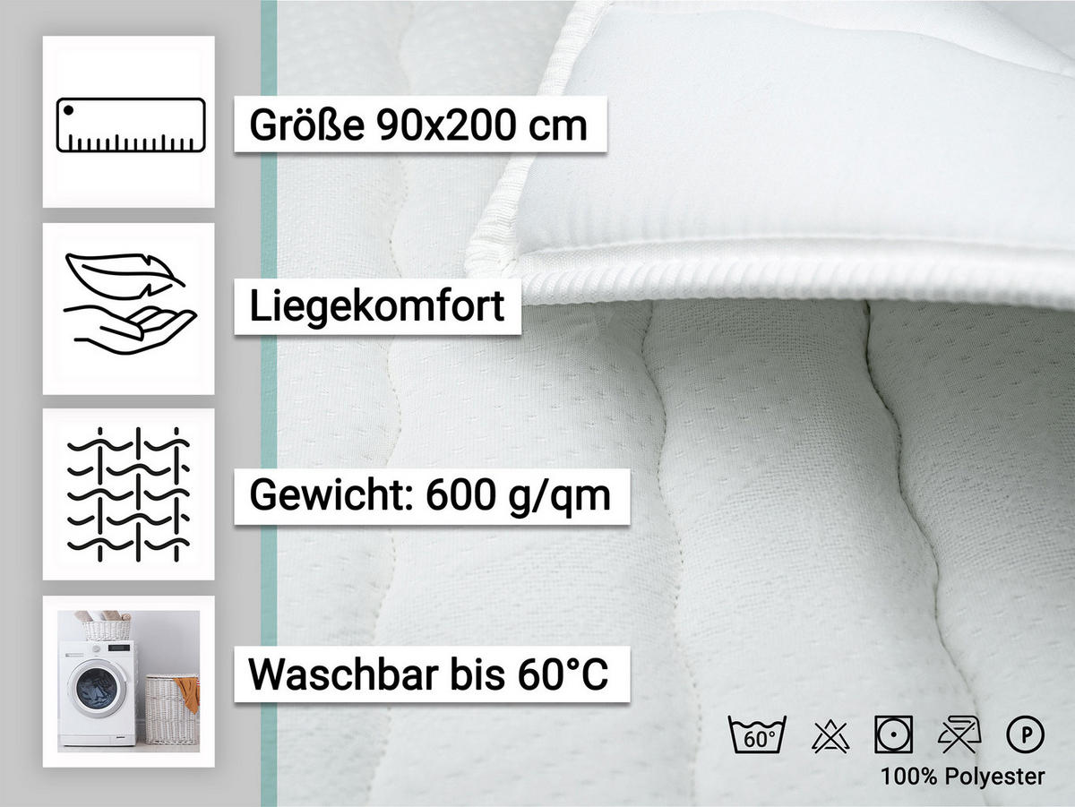 MATRATZENAUFLAGE, 90x200 cm, 100% Polyester, Weiß - Weiß, Textil (90/200cm) - Zollner