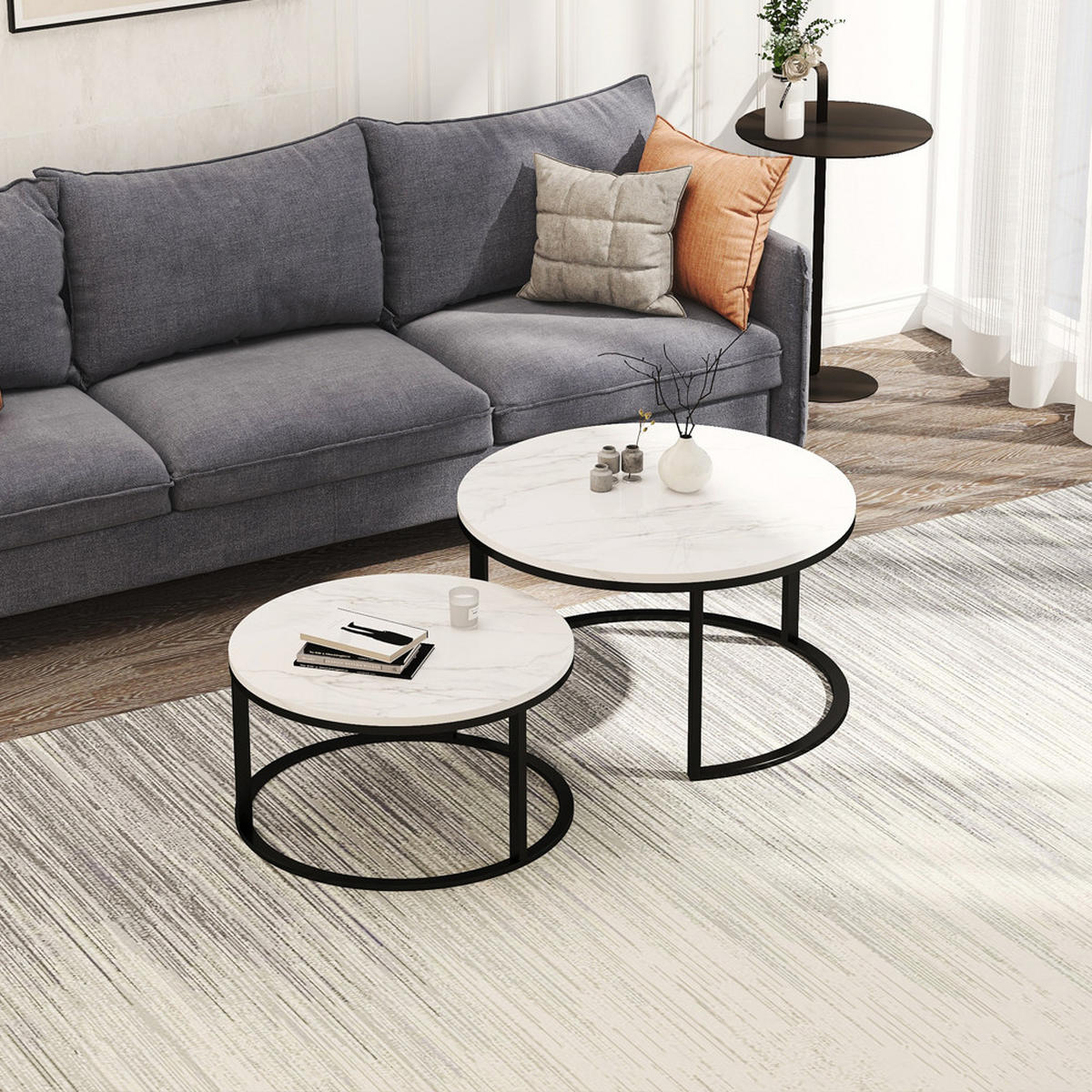 COUCHTISCH 2er-Set rund, Satztisch mit Marmoroptik,Stapelbar, Schwarz - Schwarz, Metall (80/80/45cm) - PARAFTA HOME