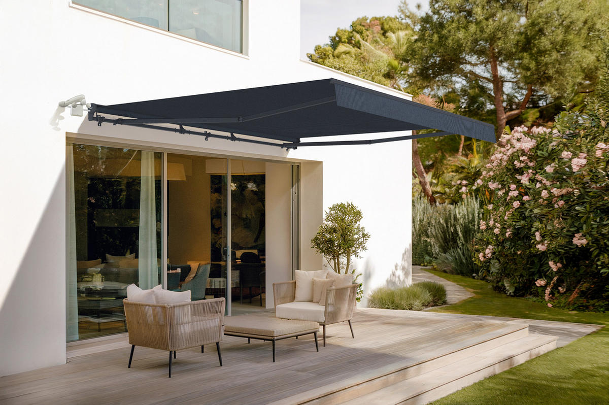 HALBKASSETTENMARKISE Fazzio Graue 4m x 3m motorisierte - Premium-Leinwand 320g/m² - Grau, Metall (400/270/300cm) - Cazeboo