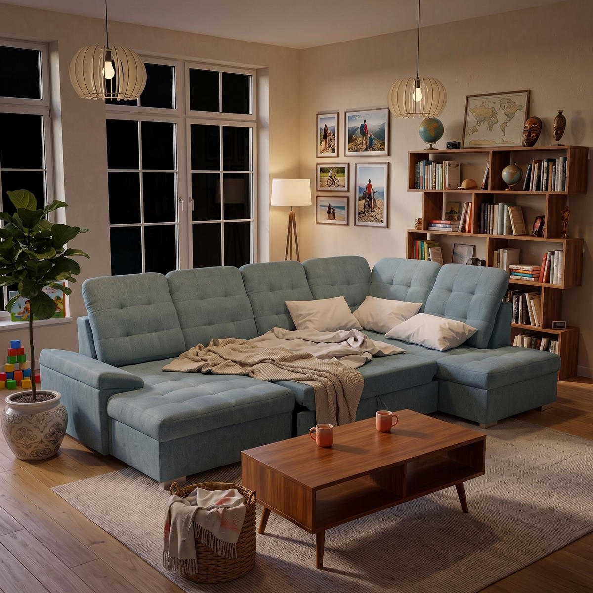 ECKSOFA U-Form OLIVIA U Rechts mit Schlaffunktion 124x257 Velours Blaugrau - Silberfarben/Blaugrau, Holz/Kunststoff (202/103/320cm) - Muffo