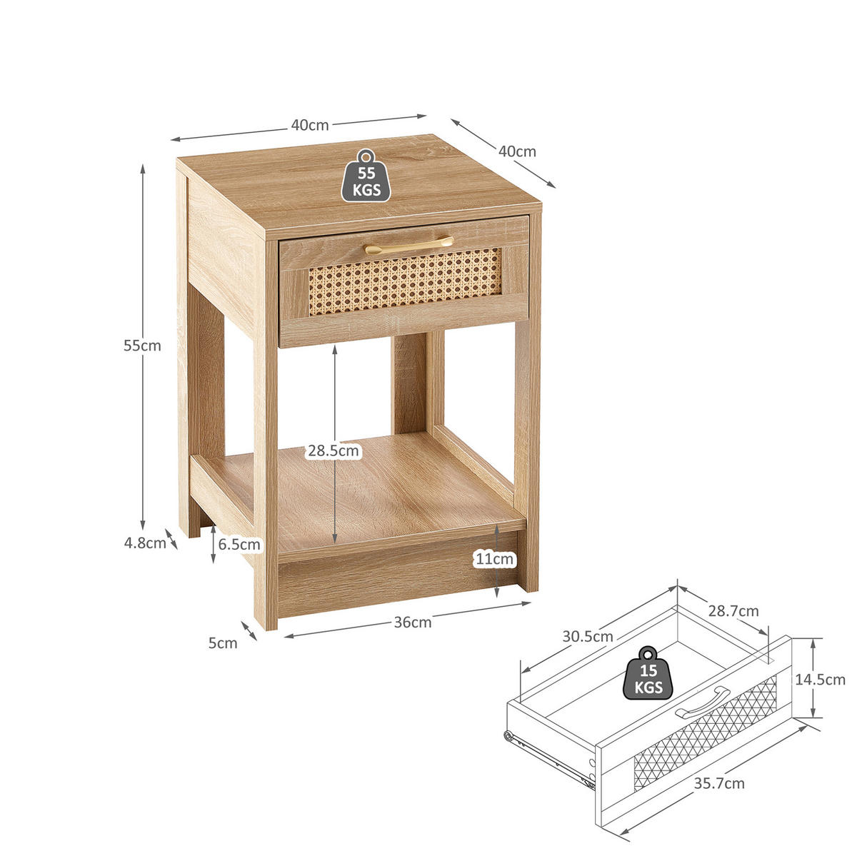 BEISTELLTISCH/NACHTTISCH, MDF in Rattan-Optik mit Schublade, 40/40/55 cm, Natur - Naturfarben, Holzwerkstoff (40/55/40cm) - Redom