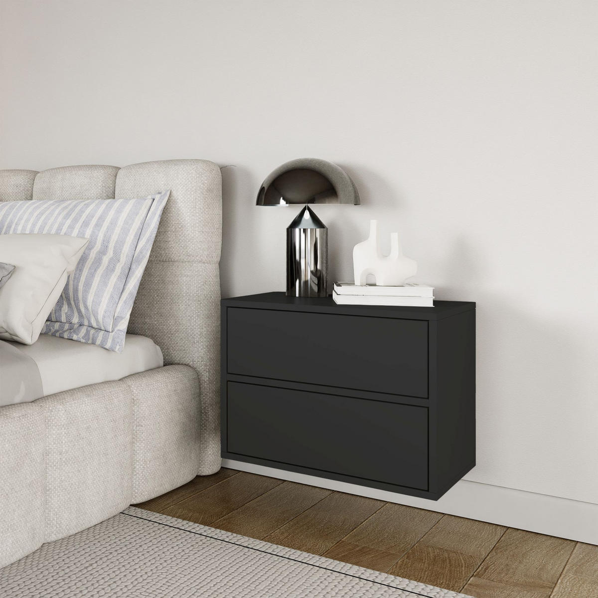 NACHTTISCH hängend Framme Schwarz mit 2 Schubladen, 50 cm - Schwarz, Holzwerkstoff (50/40/36cm) - Selsey