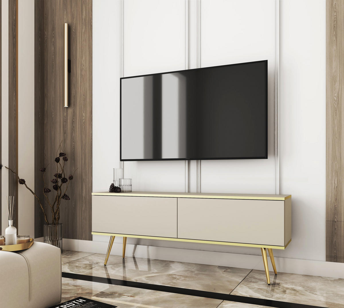 LOWBOARD – 135 cm – Oro – Mit Füßen – TV-GEN0300 - Beige, Holzwerkstoff (135/30/32cm) - hi-markt