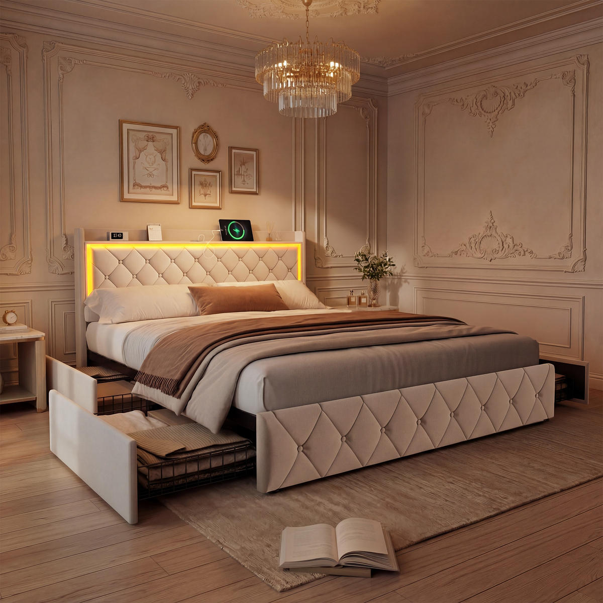 POLSTERBETT 140x200cm Funktionsbett mit LED-Beleuchtung und Stauraum – Samt Beige - Beige, Textil (140/200cm) - DELFA