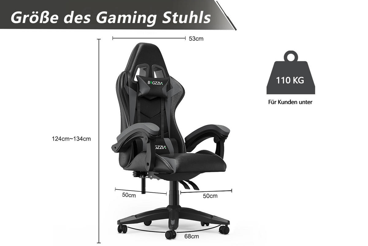 GAMING-STUHL ergonomisch, verstellbare Rückenlehne, Kissen – Schwarz/Grau - Grau, Leder (59/120/56cm) - Rattantree