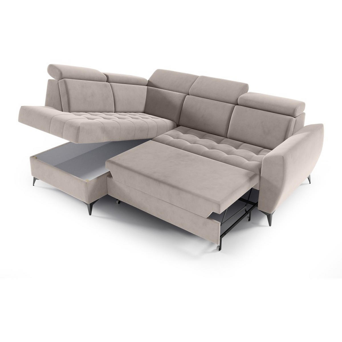 ECKSCHLAFSOFA Aurora II mit verstellbare Kopfstützen, Beige, links - Beige/Schwarz, Textil (266/204cm) - Beautysofa