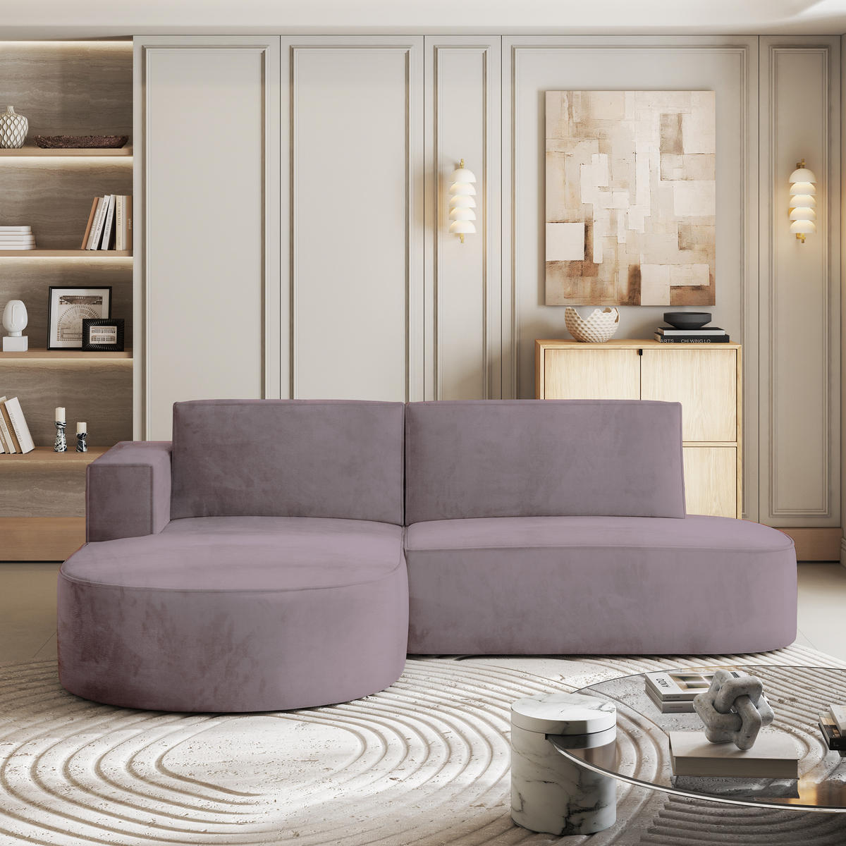 ECKSOFA CORTIO M L-S Lila Velours-Stoff mit Schlaffunktion - Lila/Grau, Holz/Kunststoff (265/174cm) - MASSENO