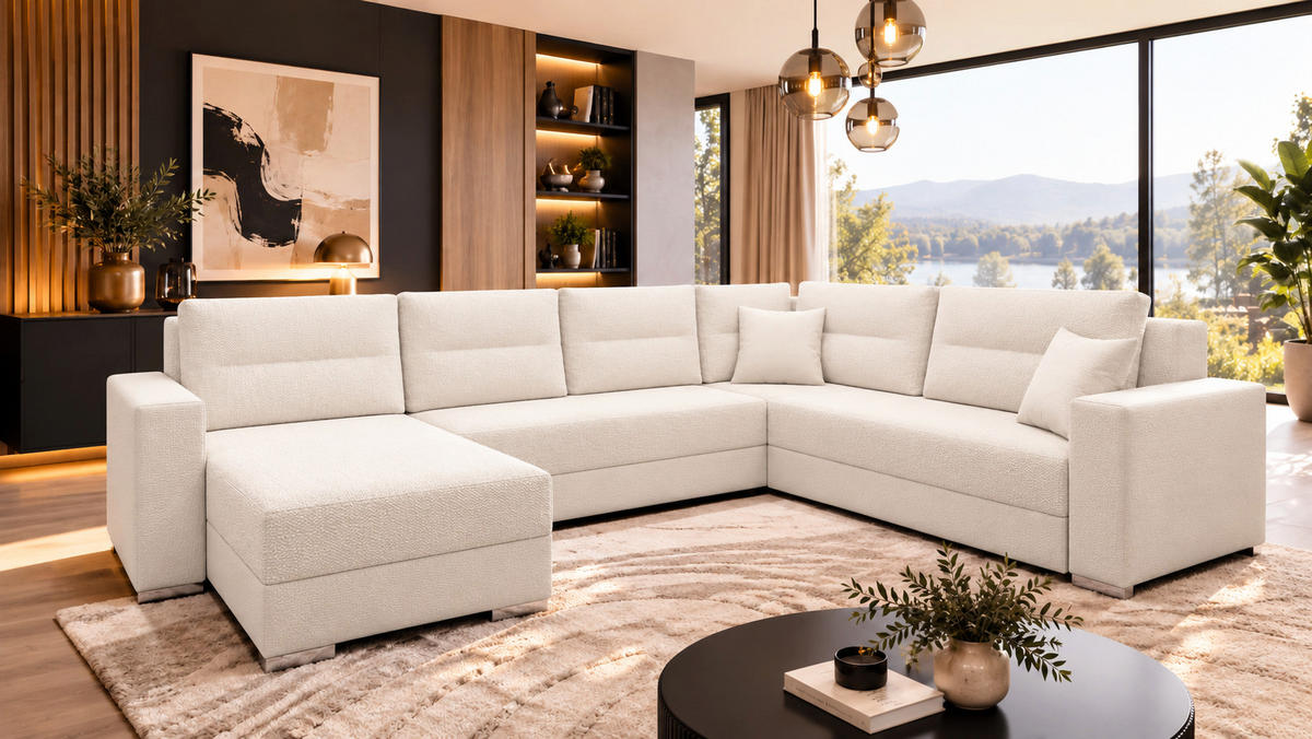 WOHNLANDSCHAFT CAPTAIN U-Form 314 cm mit hochwertigem Federkern, Schlaffunktion, Bettkasten und Ottomane links/rechts - Beige/Schwarz, Kunststoff (314/90/217cm) - Wohnideebilder