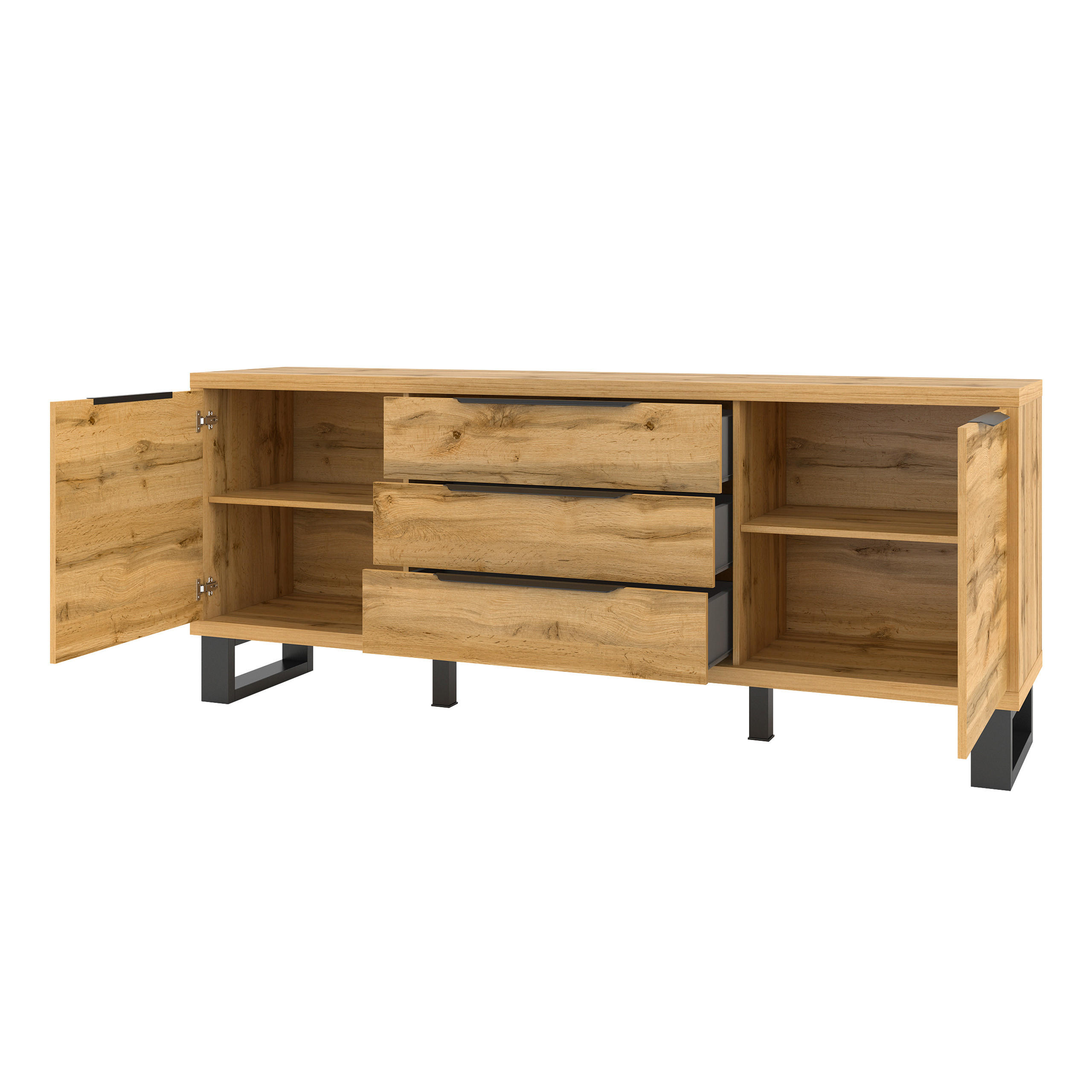 Thumbnail - Masseno Sideboard, Eiche Wotan, Holzwerkstoff, 3 Schubladen, 201x83x45 cm, Wohnzimmer, Kommoden & Sideboards, Sideboards